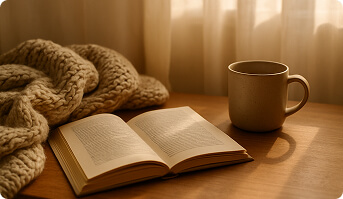 A book and a cup of coffee resting on the table.